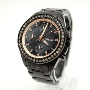 Fossil Decker Black 37mm Chronograph Watch Stainless Steel ES3596 w New Battery